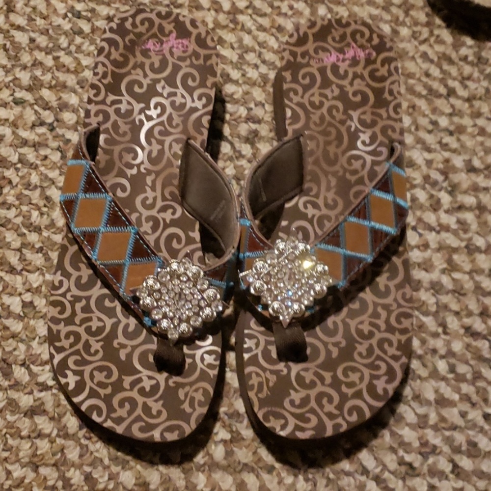 Turquoise and Brown embellished flip flops